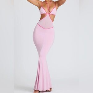 Contrast Binding Cut Out Evening Gown in Soft Pink
